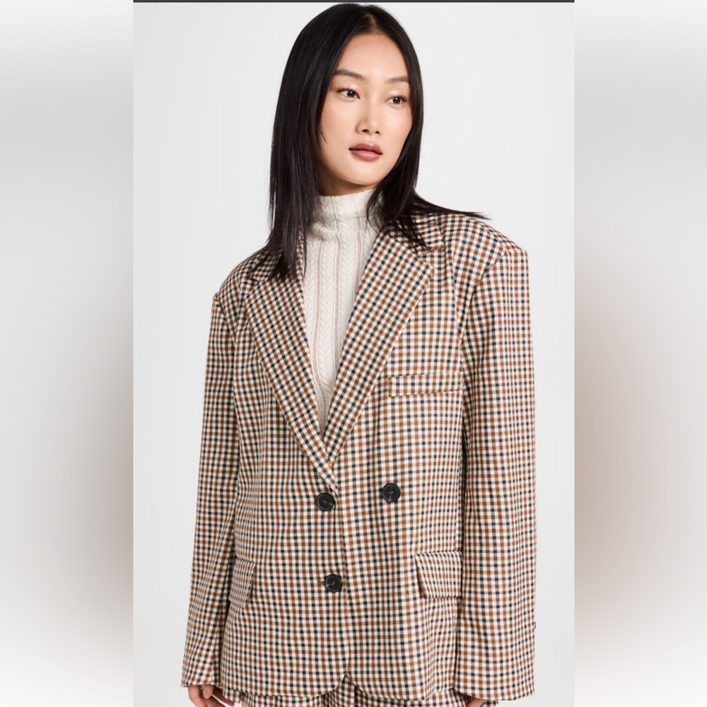 Moon River Brown and Cream Checkered Blazer
